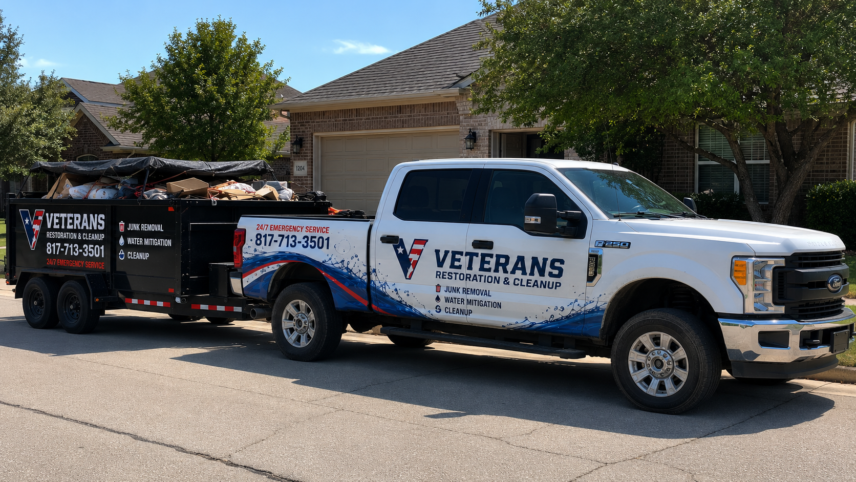 Veterans Restoration & Cleanup truck and dump trailer at a residential cleanup job